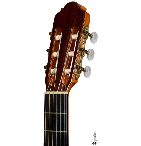 The headstock of a 2009 Dieter Hopf “Super Classic” classical guitar made of cedar and Indian rosewood