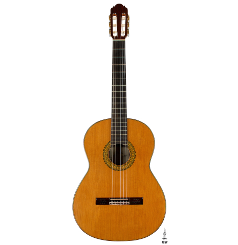 The front of a 2009 Dieter Hopf “Super Classic” classical guitar made of cedar and Indian rosewood