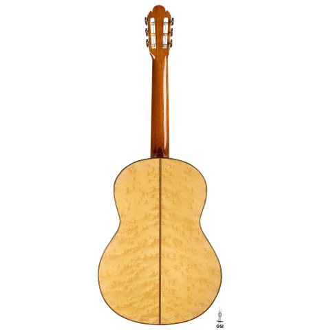 The back of a 2017 Richard Howell classical guitar made of spruce and maple