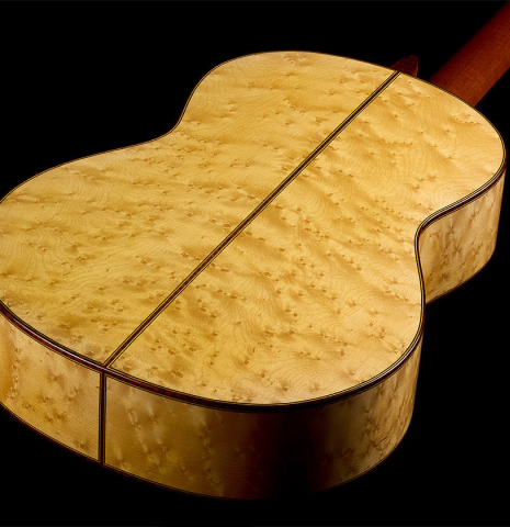 The back and sides of a 2017 Richard Howell classical guitar made of spruce and maple