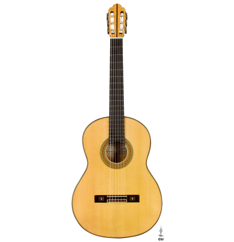 The front of a 2017 Richard Howell classical guitar made of spruce and maple