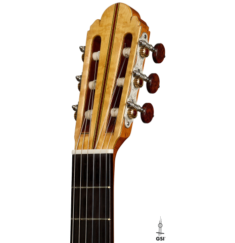 The headstock of a 2017 Richard Howell classical guitar made of spruce and maple