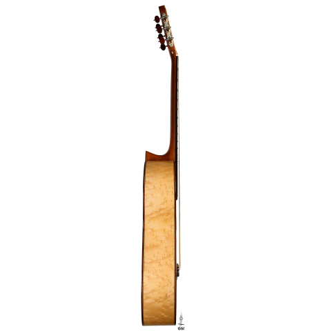 The side of a 2017 Richard Howell classical guitar made of spruce and maple