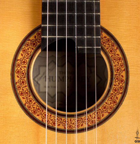 The rosette of a 1994 Thomas Humphrey "Millennium" classical guitar made with spruce and CSA rosewood