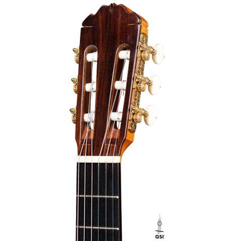 The headstock of a 1994 Thomas Humphrey "Millennium" classical guitar made with spruce and CSA rosewood