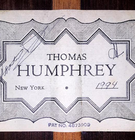 The label of a 1994 Thomas Humphrey &quot;Millennium&quot; classical guitar made with spruce and CSA rosewood