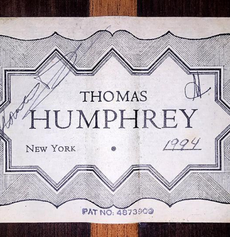 The label of a 1994 Thomas Humphrey "Millennium" classical guitar made with spruce and CSA rosewood