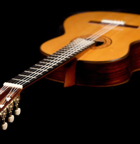 The headstock and front of a 1994 Thomas Humphrey "Millennium" classical guitar made with spruce and CSA rosewood