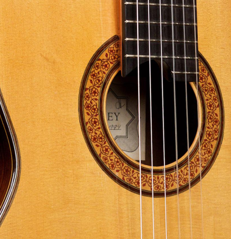 The soundboard and side of a 1994 Thomas Humphrey "Millennium" classical guitar made with spruce and CSA rosewood