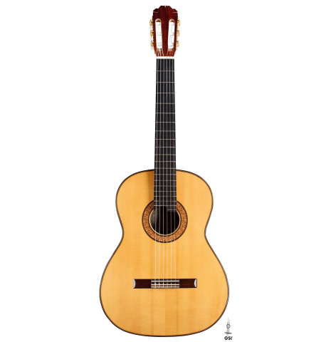 The front of a 1994 Thomas Humphrey "Millennium" classical guitar made with spruce and CSA rosewood