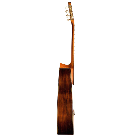 The side of a 1994 Thomas Humphrey "Millennium" classical guitar made with spruce and CSA rosewood