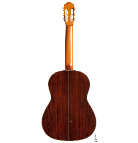 The back of a 1994 Thomas Humphrey "Millennium" classical guitar made with spruce and CSA rosewood