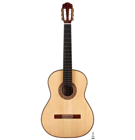 The front of a 2006 Thomas Humphrey "Millennium" classical guitar made with spruce and CSA rosewood.
