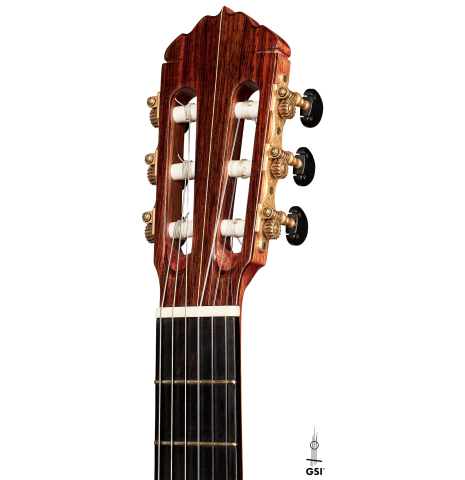 The headstock of a 2006 Thomas Humphrey "Millennium" classical guitar made with spruce and CSA rosewood.