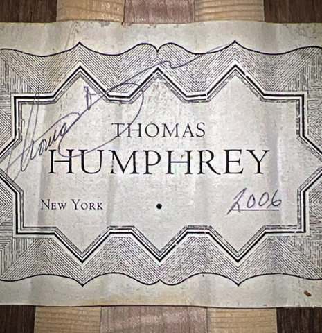 The label of a 2006 Thomas Humphrey "Millennium" classical guitar made with spruce and CSA rosewood.