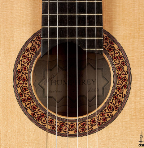The rosette of a 2006 Thomas Humphrey "Millennium" classical guitar made with spruce and CSA rosewood.