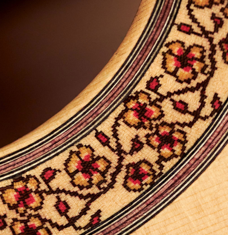 The rosette of a 2006 Thomas Humphrey "Millennium" classical guitar made with spruce and CSA rosewood.