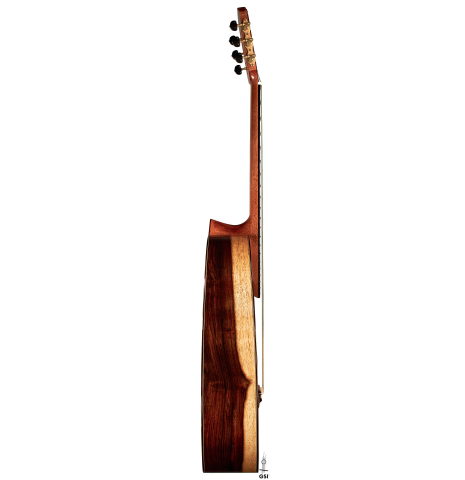 The side of a 2006 Thomas Humphrey "Millennium" classical guitar made with spruce and CSA rosewood.
