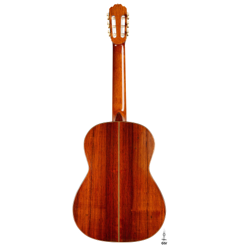 The back of a 1993 Thomas Humphrey "Millennium" classical guitar made with spruce and CSA rosewood.
