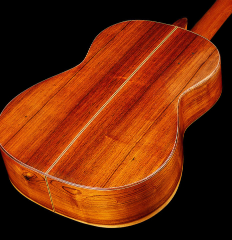 The back and sides of a 1993 Thomas Humphrey "Millennium" classical guitar made with spruce and CSA rosewood.