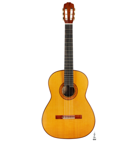 The front of a 1993 Thomas Humphrey "Millennium" classical guitar made with spruce and CSA rosewood.