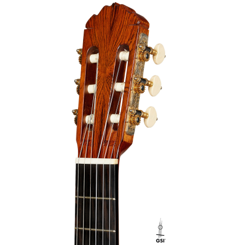 The headstock of a 1993 Thomas Humphrey "Millennium" classical guitar made with spruce and CSA rosewood.