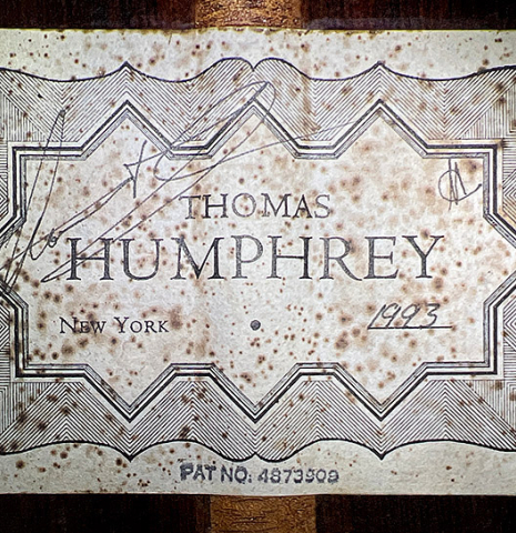 The label of a 1993 Thomas Humphrey "Millennium" classical guitar made with spruce and CSA rosewood.