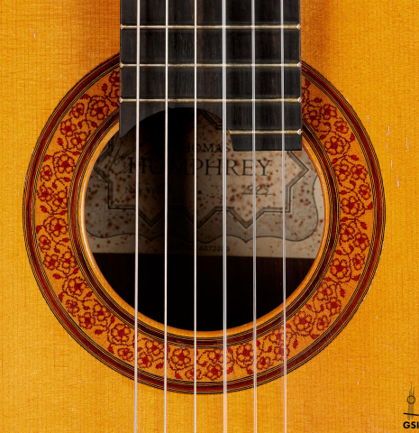 The rosette of a 1993 Thomas Humphrey "Millennium" classical guitar made with spruce and CSA rosewood.