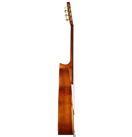 The side of a 1993 Thomas Humphrey "Millennium" classical guitar made with spruce and CSA rosewood.
