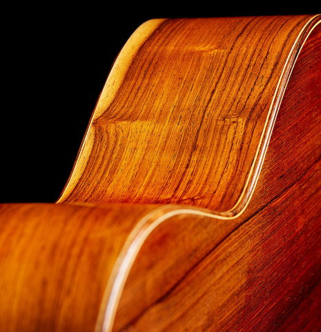 The sapwood in the sides of a 1993 Thomas Humphrey "Millennium" classical guitar made with spruce and CSA rosewood.