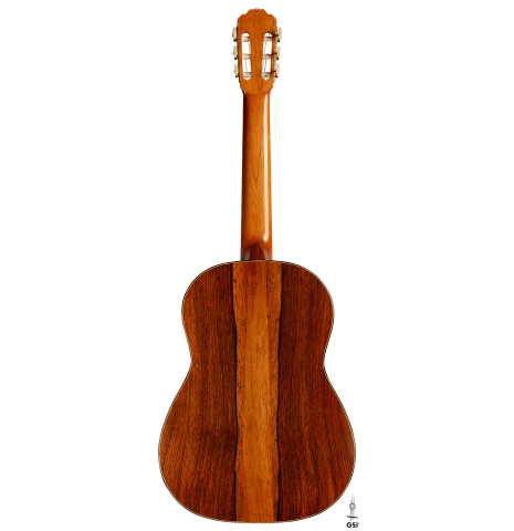 The back of a 1988 Thomas Humphrey "pre-Millenium" classical guitar made of spruce and CSA rosewood