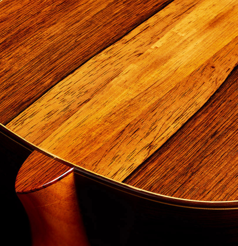 The heel, back binding and purfling of a 1988 Thomas Humphrey "pre-Millenium" classical guitar made of spruce and CSA rosewood