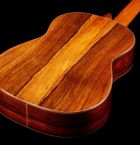 The back and sides of a 1988 Thomas Humphrey "pre-Millenium" classical guitar made of spruce and CSA rosewood