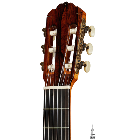 The headstock of a 1988 Thomas Humphrey "pre-Millenium" classical guitar made of spruce and CSA rosewood