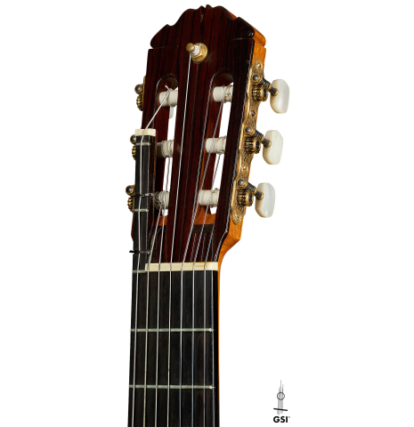 The headstock of a 1988 Thomas Humphrey "Millennium 7-string" classical guitar made of spruce and CSA rosewood (ex John Dearman)