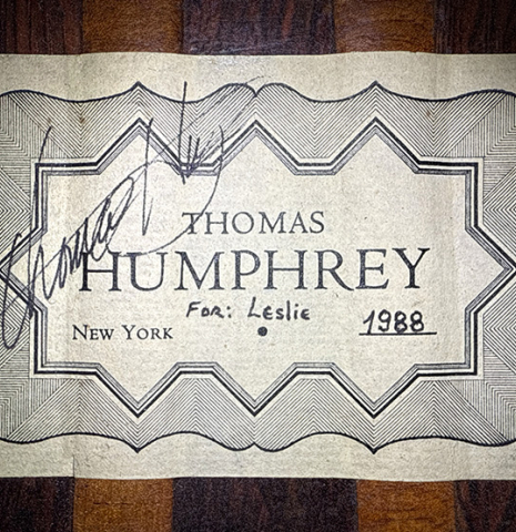 The label of a 1988 Thomas Humphrey "Millennium 7-string" classical guitar made of spruce and CSA rosewood (ex John Dearman)