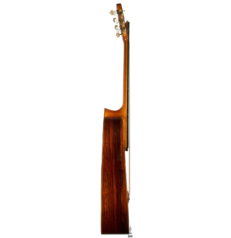 The side of a 1988 Thomas Humphrey "Millennium 7-string" classical guitar made of spruce and CSA rosewood (ex John Dearman)