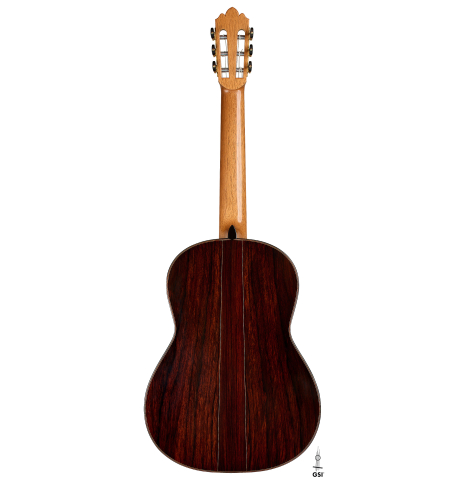 The back of a 2025 Brian Itzkin classical guitar made of spruce and Indian rosewood
