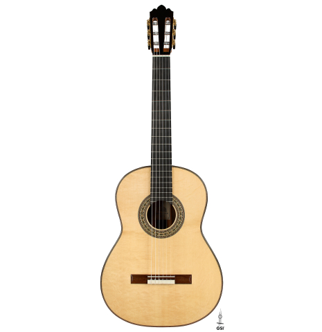 The front of a 2025 Brian Itzkin classical guitar made of spruce and Indian rosewood