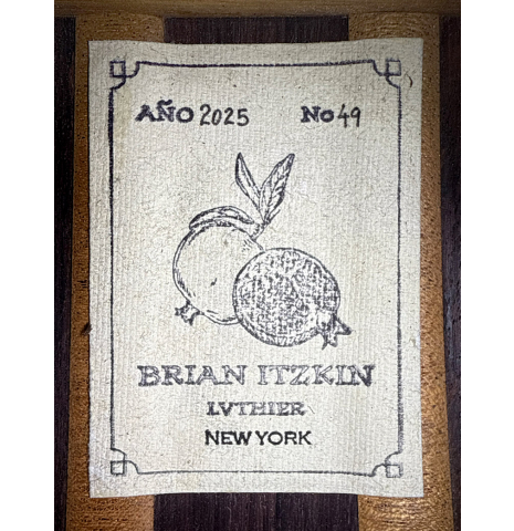 The label of a 2025 Brian Itzkin classical guitar made of spruce and Indian rosewood