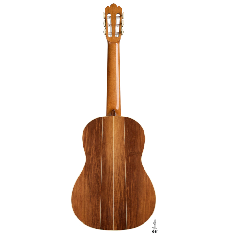 The back of a 2026 Brian Itzkin "635" classical guitar made of spruce and African rosewood