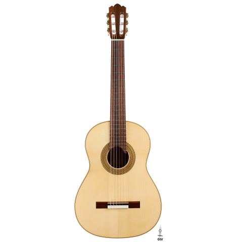 The front of a 2026 Brian Itzkin "635" classical guitar made of spruce and African rosewood