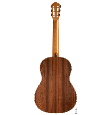 The back of a 2026 Brian Itzkin classical guitar made of spruce and African rosewood