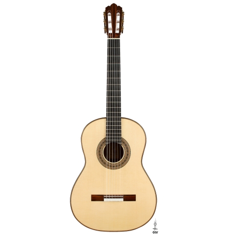 The front of a 2026 Brian Itzkin classical guitar made of spruce and African rosewood