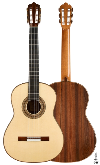 Front and back of a 2026 Brian Itzkin No. 65 classical guitar, spruce and African rosewood