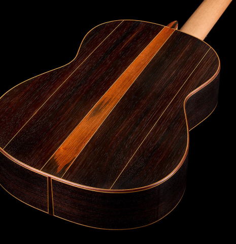 The back and sides of a 2026 Brian Itzkin classical guitar made of spruce and CSA rosewood