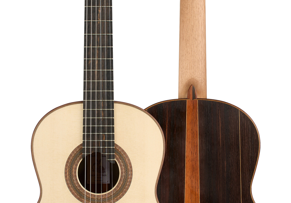 Front and back of a 2026 Brian Itzkin classical guitar, spruce, CSA rosewood back and Indian rosewood sides