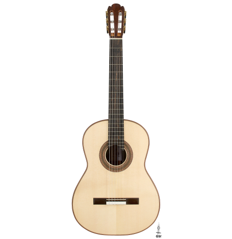 The front of a 2026 Brian Itzkin classical guitar made of spruce and CSA rosewood