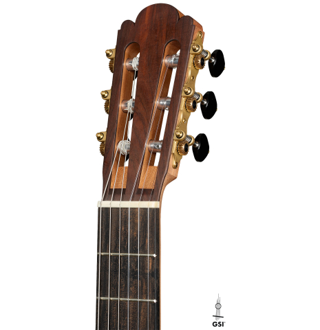 The headstock of a 2026 Brian Itzkin classical guitar made of spruce and CSA rosewood