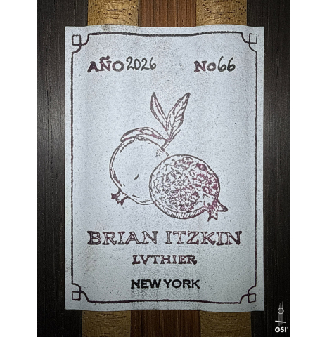 The label of a 2026 Brian Itzkin classical guitar made of spruce and CSA rosewood